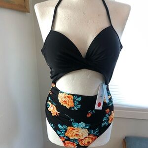 New Cupshe Black Floral Cutout Swimsuit One Piece
